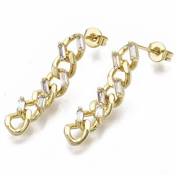 Brass Micro Pave Clear Cubic Zirconia Dangle Stud Earrings, with Ear Nuts, Curb Chain, Nickel Free, Real 18K Gold Plated, 28x6mm, Pin: 0.8mm