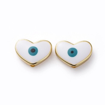 Golden Tone Brass Beads, with Enamel, Heart with Evil Eye, White, 11x15x4.5mm, Hole: 1.6mm