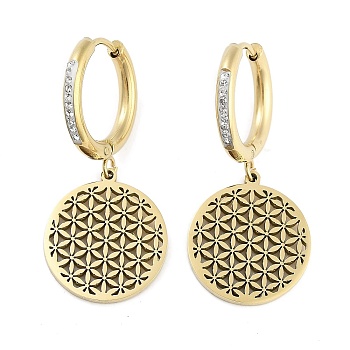 Hollow Flat Round with Flower 304 Stainless Steel Dangle Earrings, Rhinestone Hoop Earrings for Women, Real 18K Gold Plated, 35.5x16mm