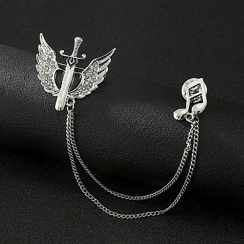 Angel's Sword & Music Note  Chain Tassel Dangle Brooch Pin, Alloy Rhinestone Badge for Jackets Hats Bags, Platinum, 175mm