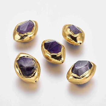 Natural Amethyst Beads, with Golden Plated Edge Brass Findings, Faceted, Olive, 25~34x17~23x16~21mm, Hole: 1~1.4mm