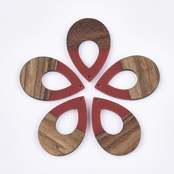 Resin & Walnut Wood Pendants, Teardrop, Red, 38x25.5x3mm, Hole: 2mm