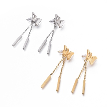 304 Stainless Steel Chain Tassel Earrings, with Ear Nuts, Butterfly with Bar, Mixed Color, 44mm, Pin: 0.7mm