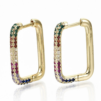 Brass Micro Pave Cubic Zirconia Huggie Hoop Earrings, Nickel Free, Rectangle, Colorful, Real 16K Gold Plated, 24x16.5x3mm, Pin: 0.8x1.3mm