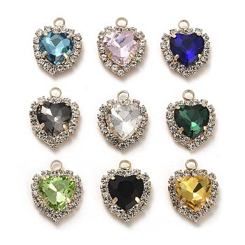 Glass with Golden Brass Pendants, Heart Charms, Mixed Color, 18.5x14x6mm, Hole: 2mm