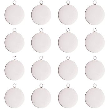 304 Stainless Steel Pendant Cabochon Settings, Flat Round, Stainless Steel Color, Tray: 25mm, 32x28x1mm, Hole: 2mm, 50pcs/box