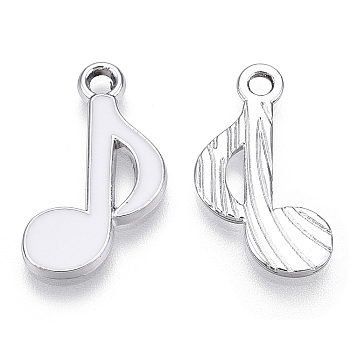 Alloy Pendants, with Enamel, Musical Note, Platinum, White, 20x12x2mm, Hole: 1.8mm