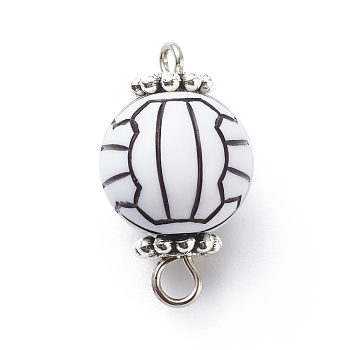 Acrylic Basketball Connector Charms, with Antique Silver Tone Space Beads, Round Ball, White, Volleyball Pattern, 20x11.5~12mm, Hole: 1.6mm & 2.5mm
