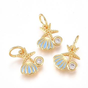 Brass Charms, with Micro Pave Cubic Zirconia, Enamel and Jump Rings, Starfish with Scallop, Clear & Sky Blue, Golden, 10x8x2mm, Hole: 3.2mm