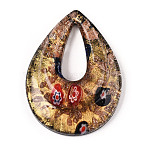 Handmade Gold Sand Lampwork Big Pendants, Inside Millefiori Glass, Teardrop, Black, 52.5x39x12mm, Hole: 25x10mm(LAMP-S189-14B)