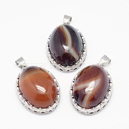 Natural Agate Pendants, with Brass Findings, Oval, Dyed, Platinum, 30x21x10~11mm, Hole: 6x4mm(G-D851-01)