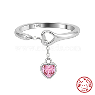 Rhodium Plated 925 Sterling Silver Finger Rings for Women, with Hot Pink Cubic Zirconia Heart Charms, Real Platinum Plated, US Size 6(16.5mm)(STER-P065-20P)