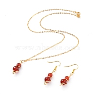 Natural Carnelian/Red Agate Pendant Necklace & Dangle Earrings Jewelry Sets, with Copper Wire, Golden Plated Brass Earring Hooks and Cable Chains, Round, Necklace: 18.27 inch~18.89 inch(46.4~48cm), Earring: 43mm, Pin: 0.8mm(SJEW-JS01060-01)