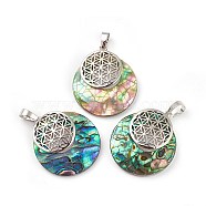 Natural Paua Shell Pendants, Spiritual Charms, with Platinum Tone Brass Findings, Flat Round with Flower of Life/Sacred Geometry, 32~32.5x28x7~7.5mm, Hole: 5x8mm(KK-F751-M-B04)