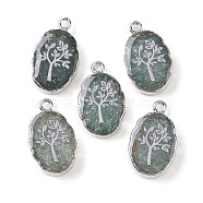 Natural Green Aventurine Oval Pendants, Platinum Plated Brass Oval Charms with Tree, 22~22.5x13~13.5x4.5mm, Hole: 1.6~1.8mm(G-C102-07P-05)