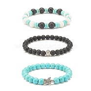 3Pcs 3 Style Natural & Synthetic Mixed Gemstone Beaded Stretch Bracelets Set with Alloy Starfish for Women, Inner Diameter: 2-1/8 inch(5.4cm), 1Pc/style(BJEW-JB08185)