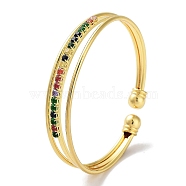 Brass Micro Pave Clear Cubic Zirconia Cuff Bangles, Colorful Glass Bangles for Women, Real 18K Gold Plated, Round, Inner Diameter: 2-1/4 inch(5.6cm)(BJEW-Z061-23D)