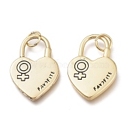 Brass Pendants, with Jump Rings, Long-Lasting Plated, Heart Lock with Female Gender Sign, Antique Golden, 24.5x16.5x2mm, Hole: 4.5mm(KK-M214-06AG)