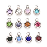 304 Stainless Steel Pendants, with K9 Rhinestone, Flat Round, Mixed Color, 12x8x4mm, Hole: 2.5mm(X-STAS-M300-02B-P)