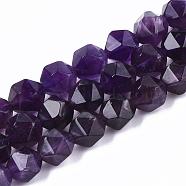 Natural Amethyst Beads Strands, Star Cut Round Beads, Faceted, 10x9~10mm, Hole: 1mm, about 39pcs/strand, 15.3 inch(G-R448-10mm-07)