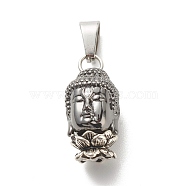 Brass Buddha Head Pendants, with Alloy Lotus Double Sided Bead Caps and 304 Stainless Steel Findings, Platinum, 22.5x12x11mm, Hole: 4x7mm(PALLOY-JF01034)