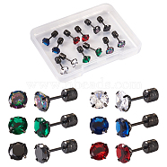 Pandahall 12Pcs 6 Colors Cubic Zirconia Diamond Stud Earrings, Gunmetal Titanium Steel Jewelry for Women, Mixed Color, 6mm, Pin: 0.9mm, 2Pcs/color(EJEW-TA0001-09)