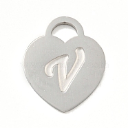 Non-Tarnish 304 Stainless Steel Pendants, Laser Cut, Heart with Letter Charm, Stainless Steel Color, Letter V, 15x12x1mm, Hole: 3x3.5mm(FIND-M017-01P-V)