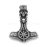 Viking 304 Stainless Steel Pendants, Mjolnir Thor Hammer wiith Helm of Awe Charm, Antique Silver, 37.5x28x7mm, Hole: 5mm(STAS-N105-05B-AS)