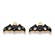 Alloy Enamel Pendants, Halloween Theme, Bat with Ghost Charms, Black, 13x24.5x1mm, Hole: 2mm(ENAM-N056-215)