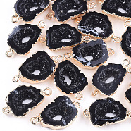 Electroplate Druzy Resin Links connectors, with Iron Findings, Nuggets, Black, 26x15~16x6~7mm, Hole: 1mm(RESI-S366-06A)