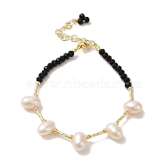 Natural Pearl & Glass & Brass Beaded Bracelet, Real 14K Gold Plated, 6-3/4 inch(17.2cm)(BJEW-C051-09G)