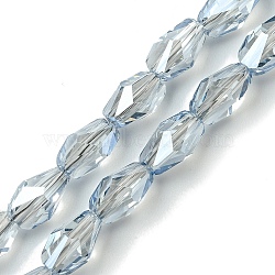 Transparent Electroplate Glass Beads Strands, Pearl Luster Plated, Faceted, Teardrop, Steel Blue, 9x5.5~6x5.5~6mm, Hole: 1.2mm, about 70pcs/strand, 25.35''(64.4cm)(GLAA-K064-03B-PL02)