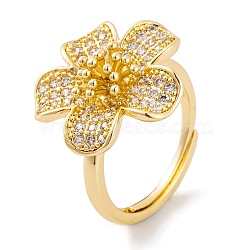 Brass Micro Pave Cubic Zirconia Rings, Flower Adjustable Ring for Women, Lead Free & Cadmium Free, Golden, Adjustable(KK-K367-09G)