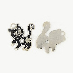 Alloy Enamel Rhinestone Kitten Pendants, Cadmium Free & Lead Free, Cartoon Cat with Flower Shape, Platinum, Black, 25.5mm long, 24mm wide, 2mm thick, hole: 2mm(EA556Y-2)