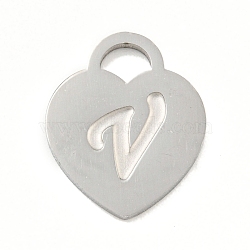 Non-Tarnish 304 Stainless Steel Pendants, Laser Cut, Heart with Letter Charm, Stainless Steel Color, Letter V, 15x12x1mm, Hole: 3x3.5mm(FIND-M017-01P-V)