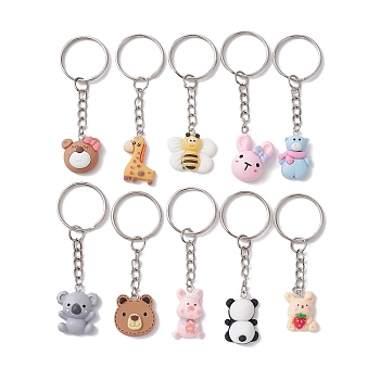 Animal Theme Reisn Pendants Keychain, with Iron Keychain Ring, Mixed Shapes, Mixed Color, 7.2~7.7cm