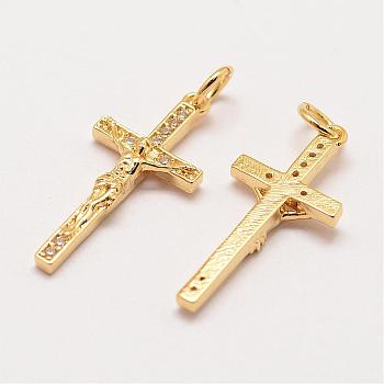 Brass Micro Pave Grade AAA Cubic Zirconia Pendants, Long-Lasting Plated, Cross, Cadmium Free & Nickel Free & Lead Free, Real 18K Gold Plated, 23x11x3mm, Hole: 3mm