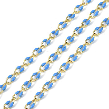 Ion Plating(IP) 304 Stainless Steel Dapped Chains, with Enamel with Spool, Unwelded, Dodger Blue, 8.5x4x1.5mm