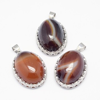 Natural Agate Pendants, with Brass Findings, Oval, Dyed, Platinum, 30x21x10~11mm, Hole: 6x4mm