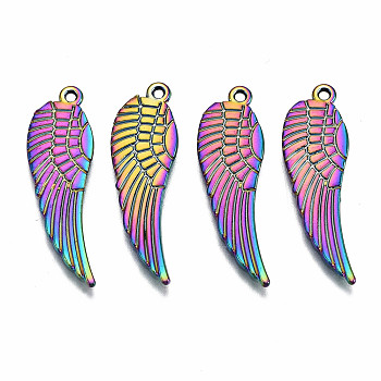 Rainbow Color Alloy Pendants, Cadmium Free & Lead Free, Wing, 29.5x9x1mm, Hole: 1.2mm