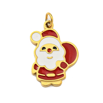 Christmas Theme Ion Plating(IP) 304 Stainless Steel Pendants, with Enamel and Jump Ring, Golden, Santa Claus, 17x12x1mm, Hole: 2.5mm