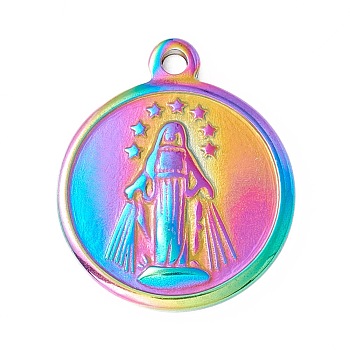 Ion Plating(IP) 304 Stainless Steel Pendants, Flat Round with Virgin Mary, Rainbow Color, 21.5x18x2mm, Hole: 1.8mm