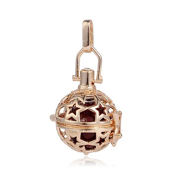 Golden Plated Brass Hollow Round Cage Pendants, with No Hole Spray Painted Brass Round Beads, Purple, 35x25x21mm, Hole: 3X8mm