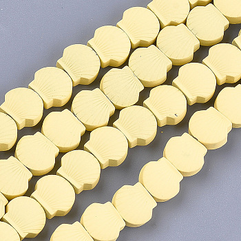 Spray Painted Non-magnetic Synthetic Hematite Beads Strands, Scallop, Champagne Yellow, 8x9x4mm, Hole: 0.8mm, about 49pcs/strand, 15.7 inch