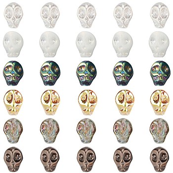 Electroplate Glass Beads, Skull, Mixed Color, 10x8x6~7mm, Hole: 1mm, 6 colors, 10pcs/color, 60pcs/box