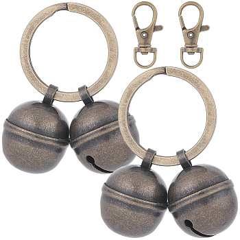 2Pcs Brass Bell Keychains, with 2Pcs Alloy Swivel Lobster Claw Clasps, Gunmetal, 34.5x15x5.5mm