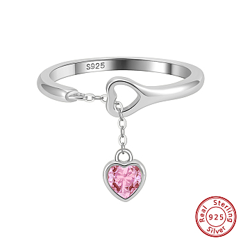 Rhodium Plated 925 Sterling Silver Finger Rings for Women, with Hot Pink Cubic Zirconia Heart Charms, Real Platinum Plated, US Size 6(16.5mm)