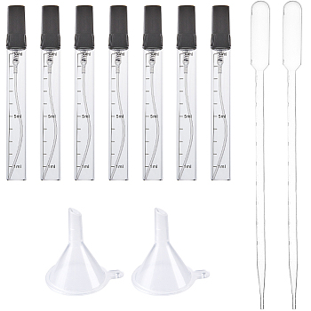 7Pcs 10ML Mini Glass Spray Bottles, 2Pcs Transparent Plastic Funnel Hopper, 2Pcs Disposable Plastic Transfer Pipettes, Clear, 37~290x6~37mm