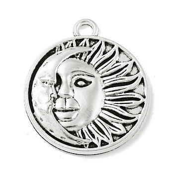 Tibetan Style Alloy Pendants, Flat Round with Moon and Sun, Nickel, Antique Silver, 29x25x3mm, Hole: 2.5mm