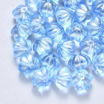 Transparent Spray Painted Glass Beads, with Glitter Powder, Flower, Dodger Blue, 10.5x9.5x8mm, Hole: 1mm